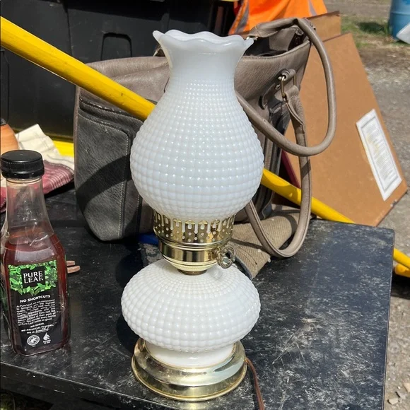 Classic White Hobnail Milk Glass Table Lamp with Brass Accents - Picture 1 of 3